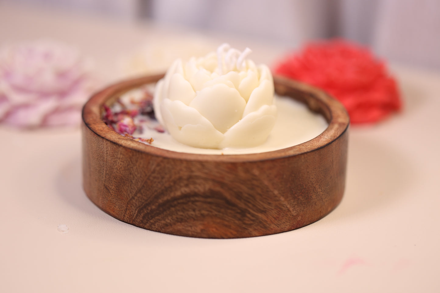Wooden Flower Bowl Candle