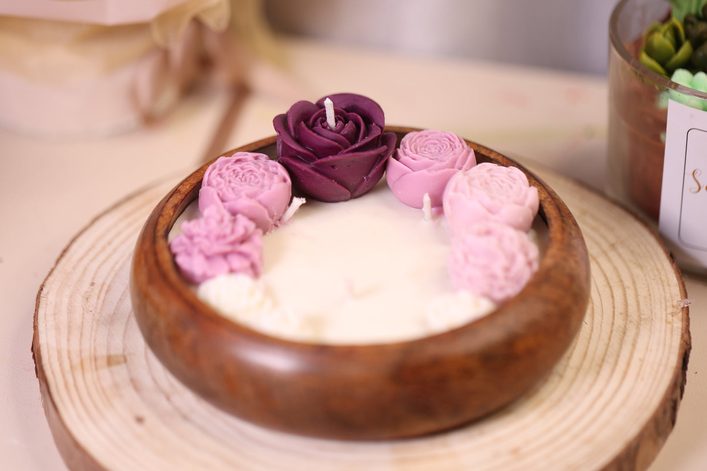 Flower wooden Bowl Scented Candle