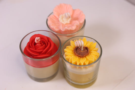 Floral Shot Glass Candle Combo – Rose on Top, Sunflower on Top & Blossom Shot Candle