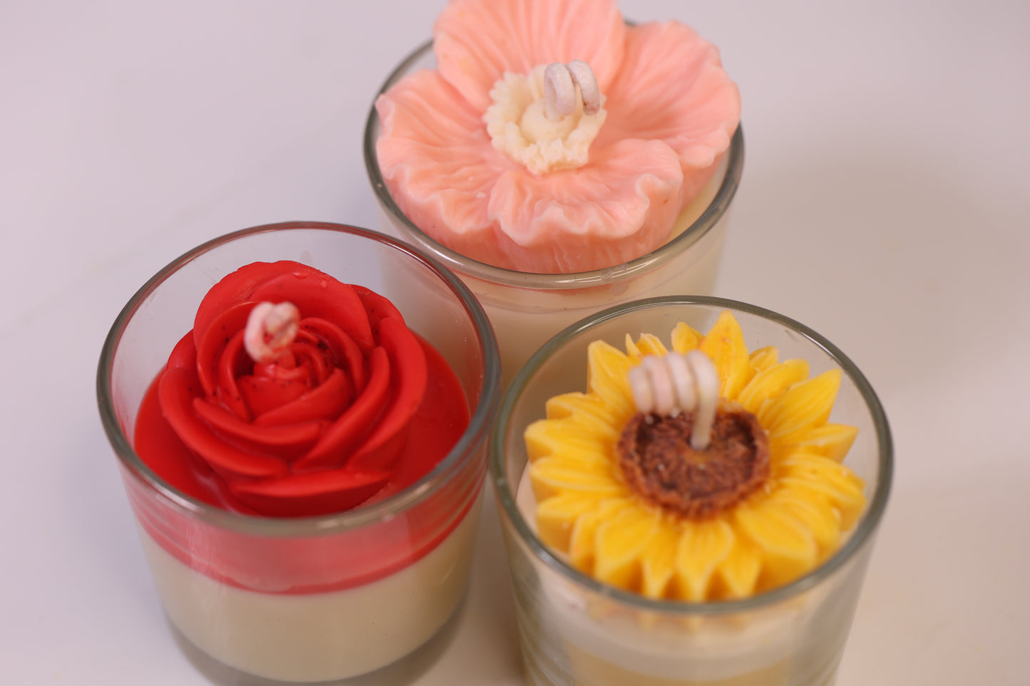 Floral Shot Glass Candle Combo – Rose on Top, Sunflower on Top & Blossom Shot Candle