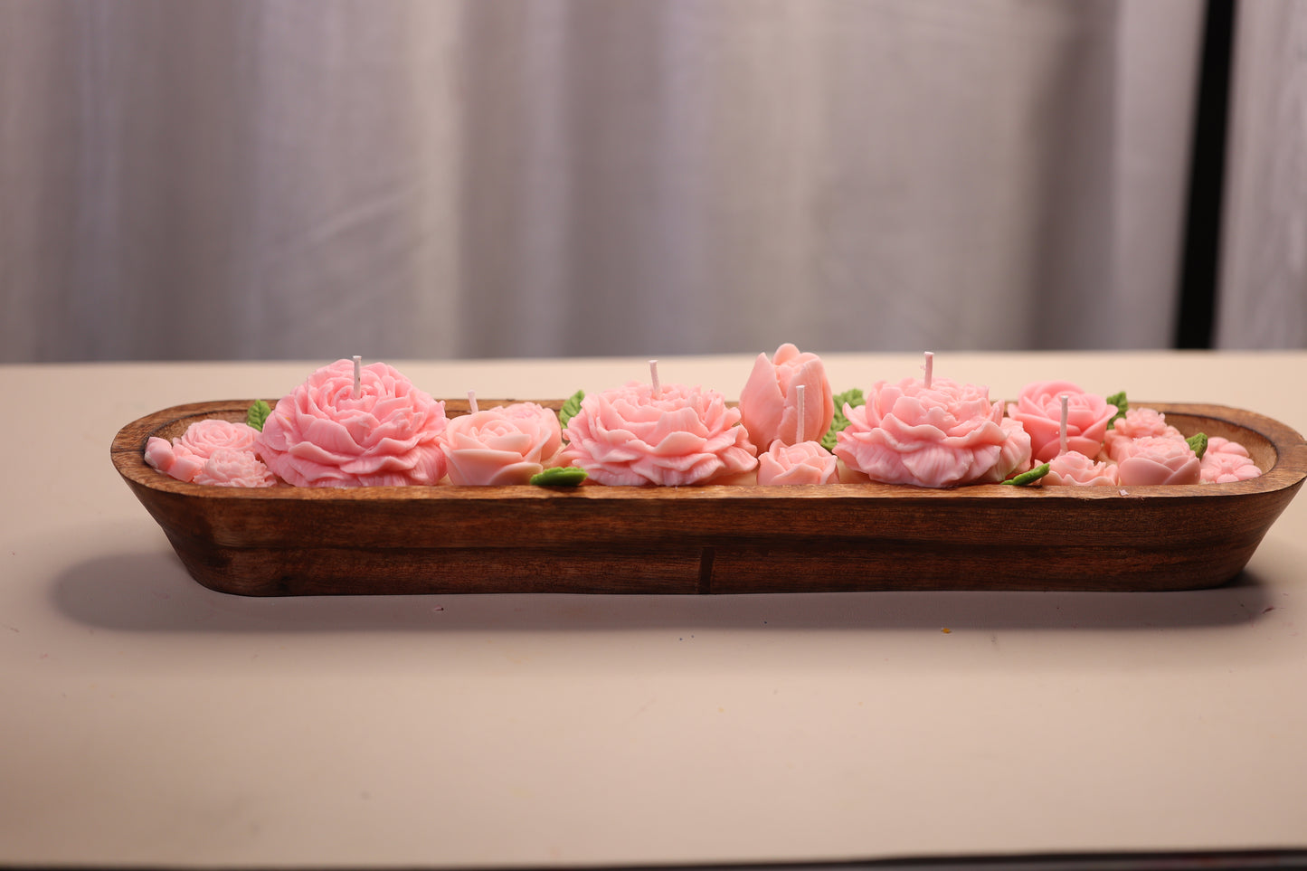 Long Wooden Boat Flowers Candle