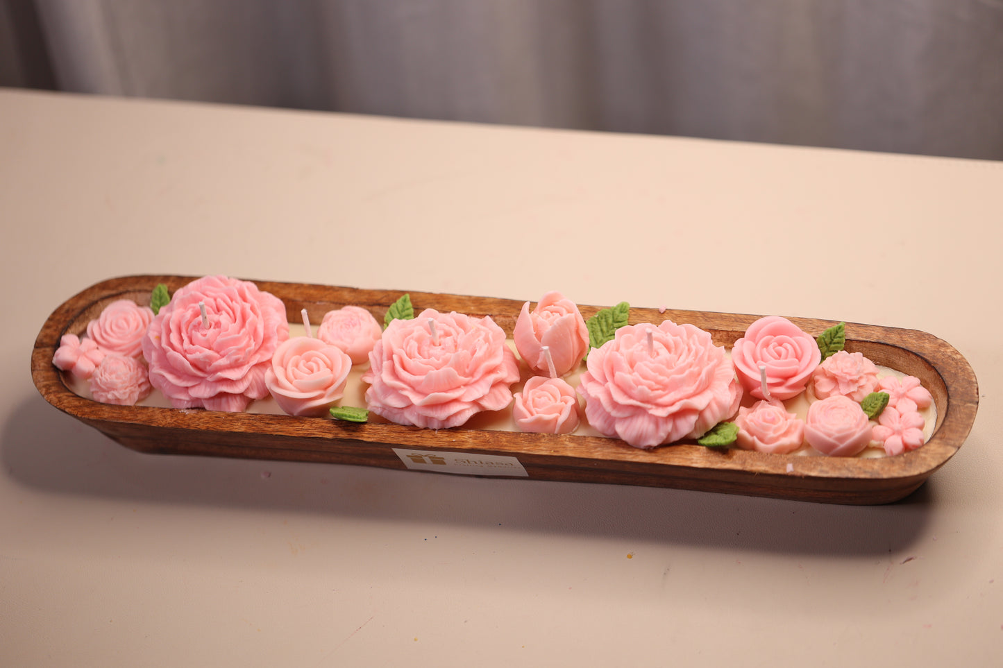 Long Wooden Boat Flowers Candle