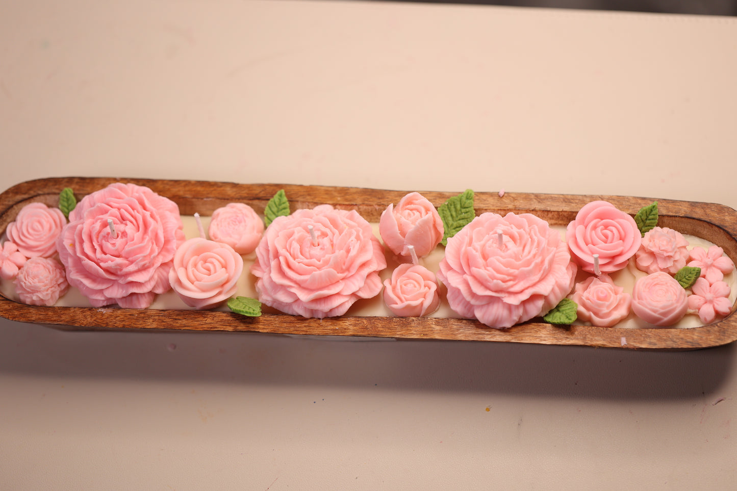 Long Wooden Boat Flowers Candle